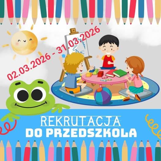 Plakat informacyjny o rekrutacji do przedszkola na marzec 2026, z ilustracją dzieci bawiących się przy stoliku oraz kolorowymi kredkami wokół.