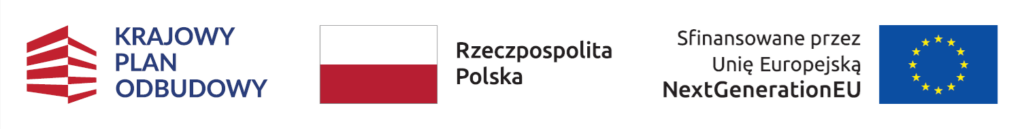 Logotypy Krajowego Planu Odbudowy, Rzeczypospolitej Polskiej i Unii Europejskiej z napisem „Sfinansowane przez Unię Europejskiej – NextGenerationEU”.